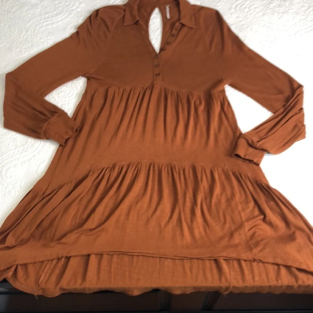Free People Tiered Keyhole Boho Rayon Blend Long Sleeve Dress Rust Size XS